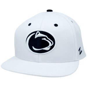 white flat brim hat with stitched Penn State Athletic Logo